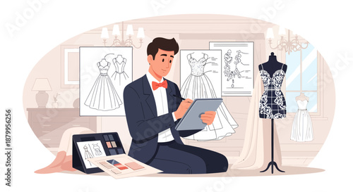 Man in suit working on tablet.