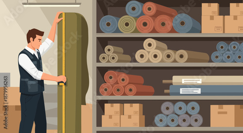 Man measuring a large carpet roll.