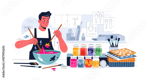 Man painting with colorful art supplies.