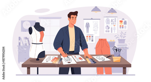 Man standing at a table with mannequins.