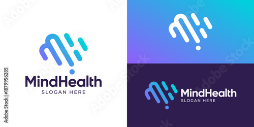 Modern simple mind health logo template. Brain logo design vector illustration and M H initials. Mental health symbols.