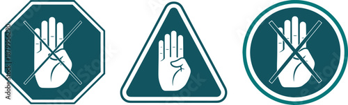 Set of warning signs for no entry or stop with a hand symbol