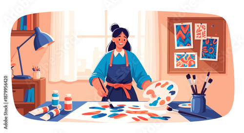 Woman painting with colorful art supplies.