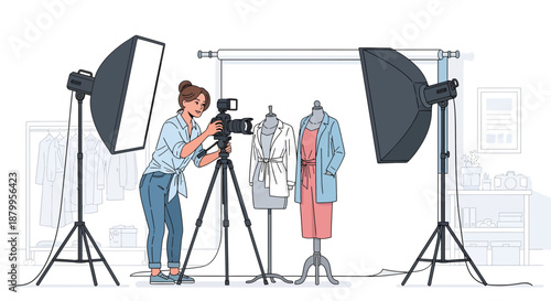 Woman photographing mannequin in studio.