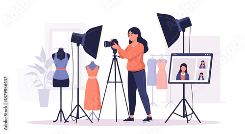 Woman Taking Fashion Photography Studio Shot.