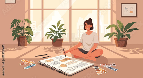 Woman sitting crosslegged on floor.