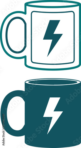 Set of coffee mugs with lightning bolt icon, full and outline