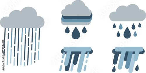 Rainy weather icon illustration set with clouds and falling raindrops for forecast and climate design