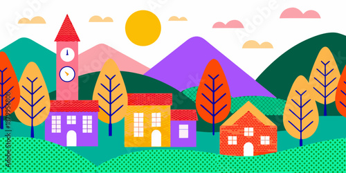 A colorful illustration depicting a quaint village nestled among rolling hills