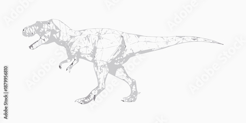 A grayscale wireframe depiction of a velociraptor in a dynamic pose