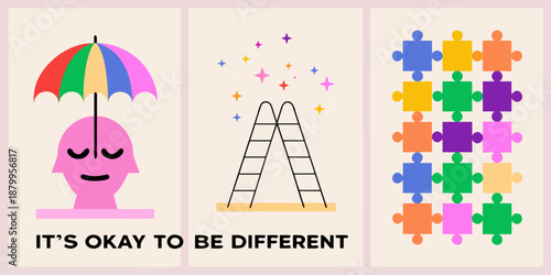 Illustrative representation of mental wellbeing umbrella ladder puzzle pieces