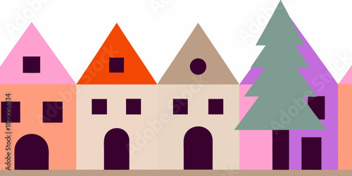 Colorful minimalist illustration of stylized houses and a pine tree design