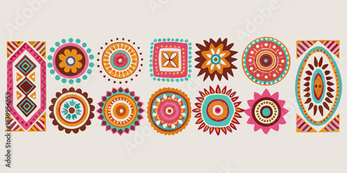 A colorful row of ornate circular ethnic patterns and designs