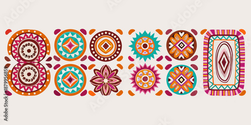 Colorful bohemian pattern with circular and geometric motifs arranged in a row