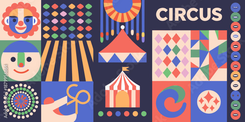 Colorful circus poster with illustrated characters tents and geometric designs