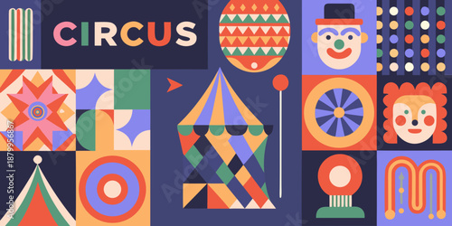 A vibrant and colorful circus themed art piece with various playful elements