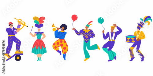 Colorful circus performers joyfully parade with instruments and vibrant balloon decorations