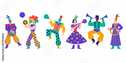 A colorful illustration depicts a group of performers in vibrant carnival costumes