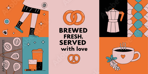 Coffee pretzels and legs in a modern illustrative design with warm colors