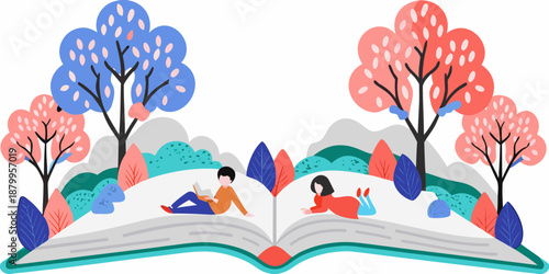 An open book transforms into a landscape with people relaxing beneath trees