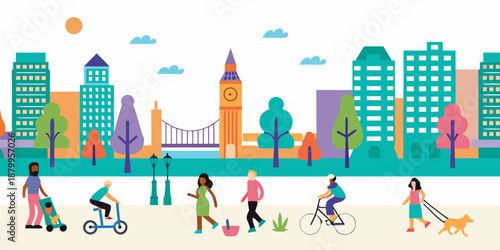 A vibrant cityscape featuring london landmarks and people enjoying outdoor activities