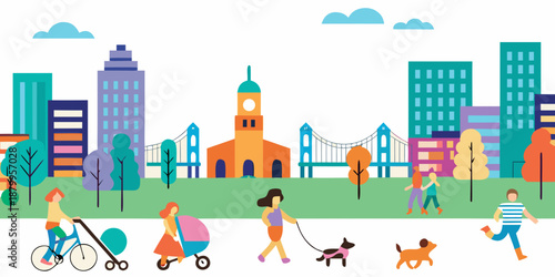 Colorful cityscape illustration featuring people enjoying a day in the park