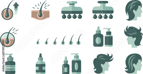 Hair growth and scalp care illustration set with follicles, treatment rollers, and cosmetic bottles