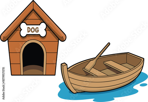 Traditional outdoor pet kennel illustration alongside a rustic timber boat for leisure and hobby designs