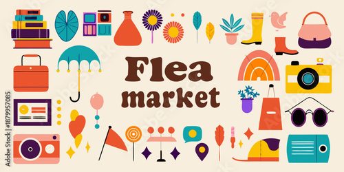Colorful flat lay illustration featuring vintage objects and the word flea market