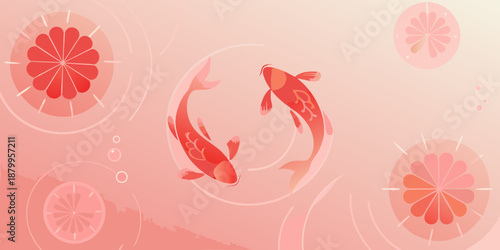 Two red koi fish swim gracefully amidst pink floral circles and bubbles
