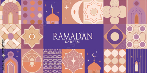 Ramadan kareem islamic design with geometric patterns and crescent moon elements