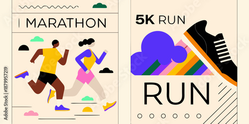 Colorful illustration depicting marathon 5k run and running shoe graphic elements