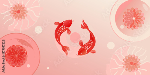 Elegant red koi fish swim among delicate floral circles in a pastel background