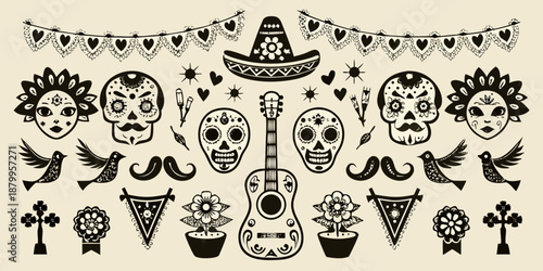 Dia de los muertos decorative elements skulls guitars and festive ornaments