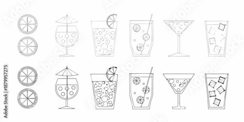 A collection of line art illustrations depicting various types of drinks
