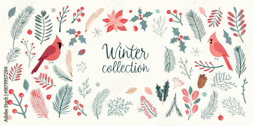 A festive winter collection featuring birds foliage and decorative botanical elements