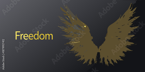 Golden wings emerge from shadow accompanied by the word freedom