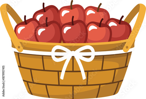 Fresh red apples in a rustic woven basket with a white decorative ribbon vector illustration