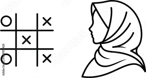 Tic tac toe game icon and Muslim woman hijab profile line illustration set