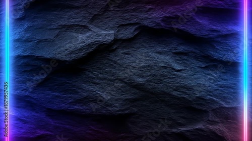 Abstract illuminated rock texture background with neon lights and copy space