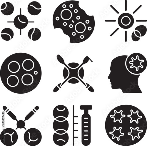 Medical research icons set for laboratory analysis oncology and cell study