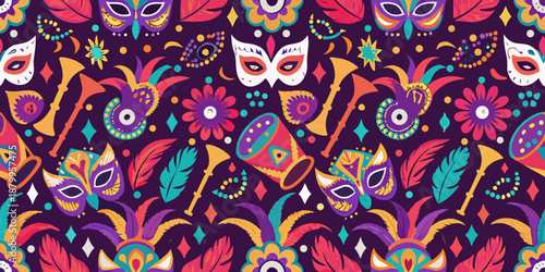 Colorful carnival masks flowers and musical instruments on a vibrant purple background