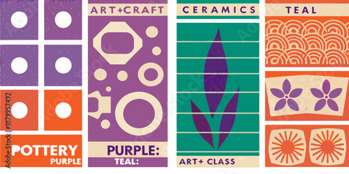 Colorful geometric art and craft display featuring pottery and floral patterns