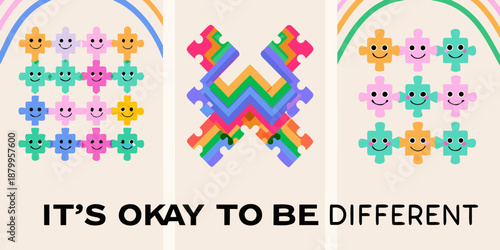 Colorful puzzle pieces with smiling faces promoting inclusivity and acceptance