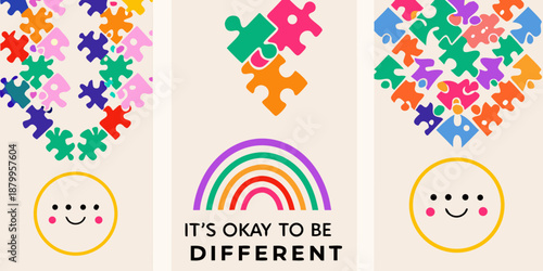 Colorful puzzle pieces forming hearts and a rainbow with a message of acceptance