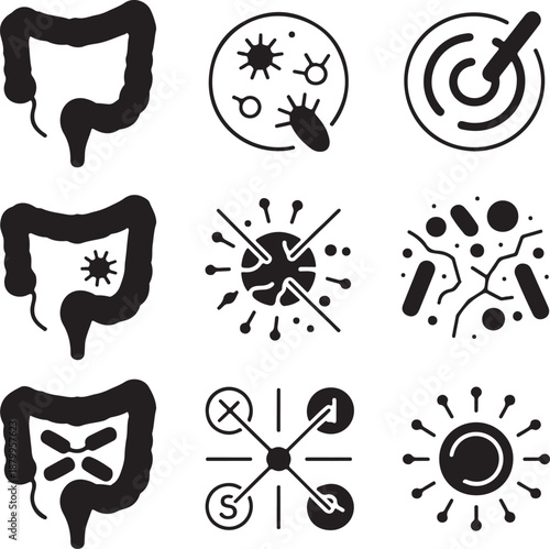 Medical icons for digestive health research including colon disease and pathogens