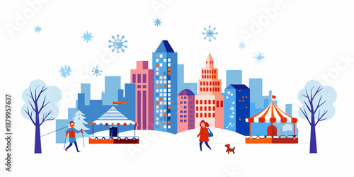 Winter cityscape with people enjoying activities in a snowy urban park