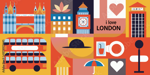 Colorful illustration of iconic london landmarks and symbols in a geometric style