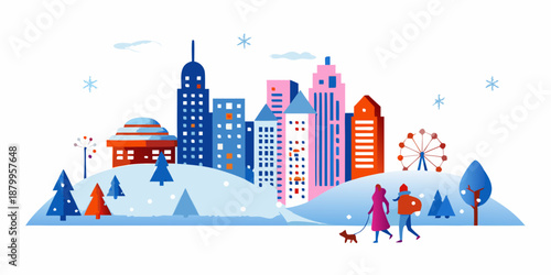 Winter cityscape with people walking and snow covered hills illustration