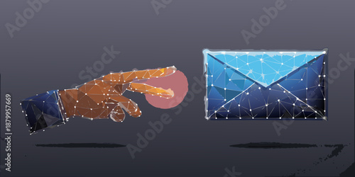 Polygonal hand reaching for a blue envelope icon on a dark background